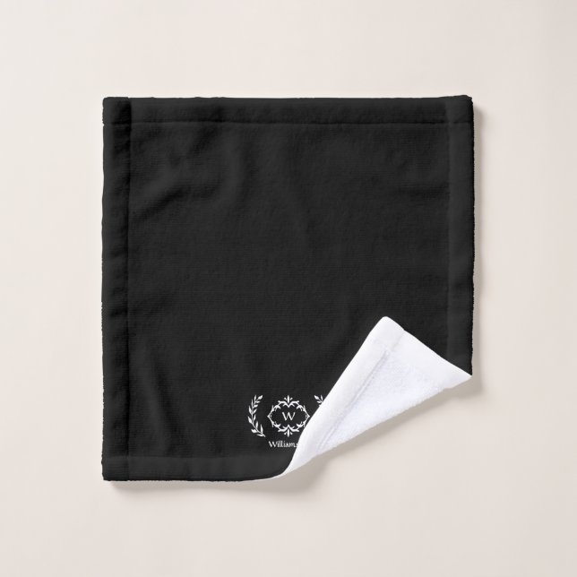Modern Elegant Monogram Initial Black & White Chic Bath Towel Set (Wash Cloth)