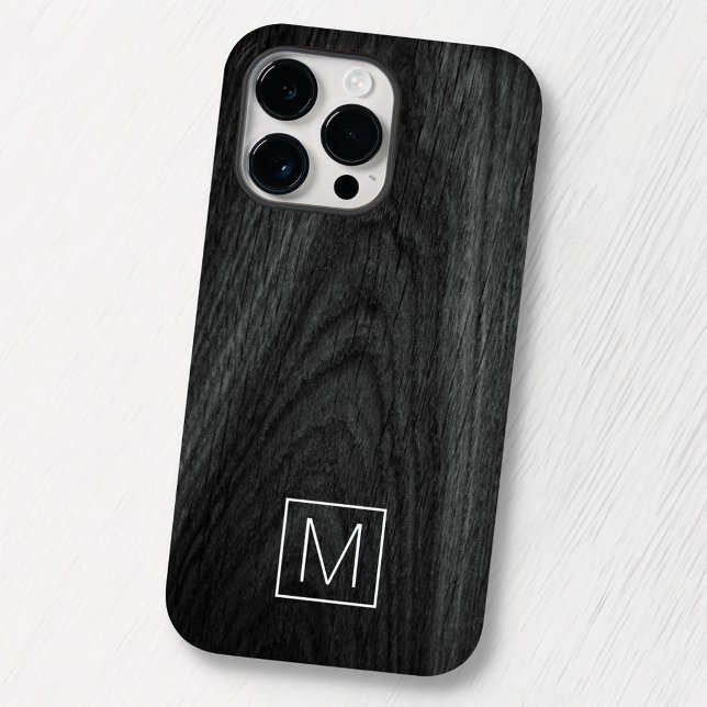 Modern elegant monogram initial black wood grain Case-Mate iPhone case (Creator Uploaded)