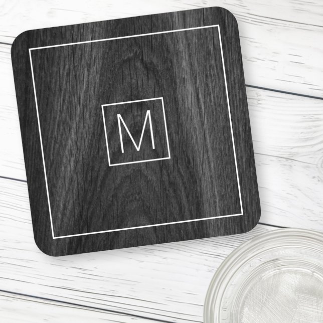 Modern elegant monogram initial black wood grain coaster (Modern elegant monogram initial black wood grain beverage coaster)