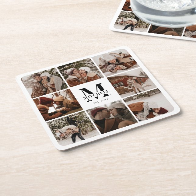 Modern Elegant Monogram Initial Family Name Photo Square Paper Coaster (Angled)