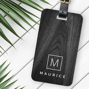 Modern elegant monogram initial name black wood luggage tag
