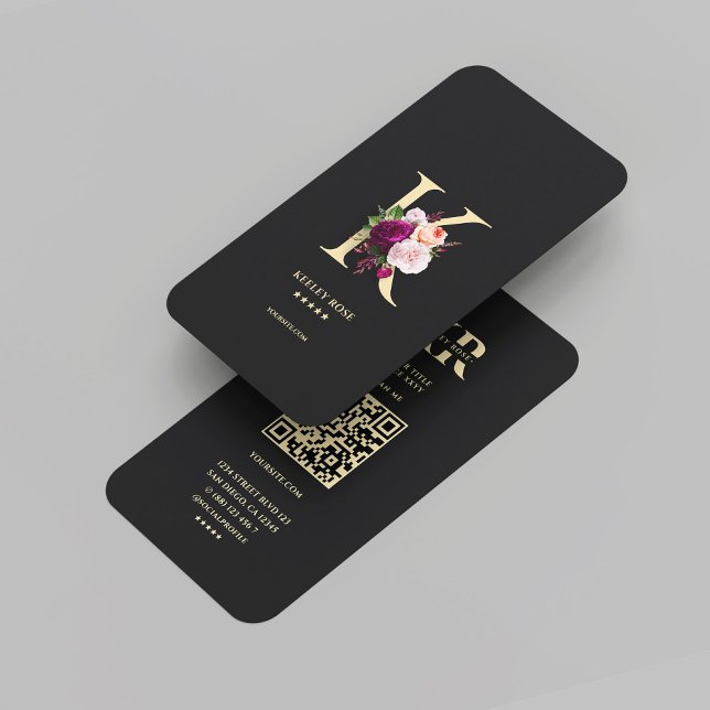 Modern Elegant Monogram K Floral Black Gold  Business Card (Modern Elegant Monogram K Floral Black Gold Business Card
)