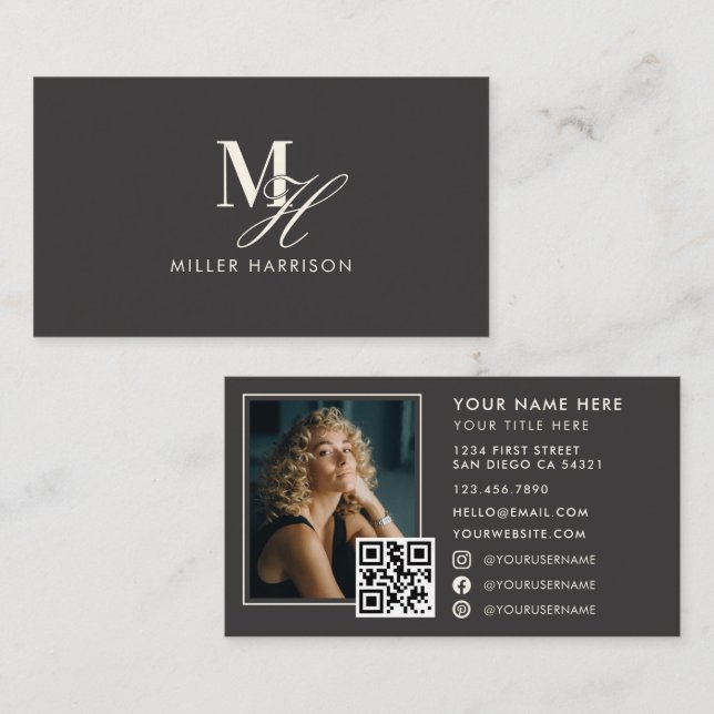 Modern Elegant Monogram Luxury Photo QR Code Business Card (Front/Back)