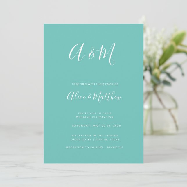 Modern Elegant Monogram Mint Wedding Invitation (Standing Front)