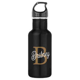 Modern Elegant Monogram Name Black Gold Script 532 Ml Water Bottle