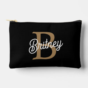 Modern Elegant Monogram Name  Black Gold Script  Accessory Pouch