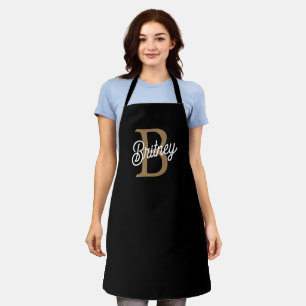 Modern Elegant Monogram Name  Black Gold Script  Apron