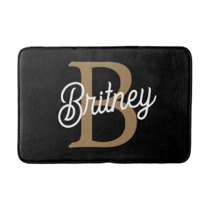 Modern Elegant Monogram Name  Black Gold Script  Bath Mat