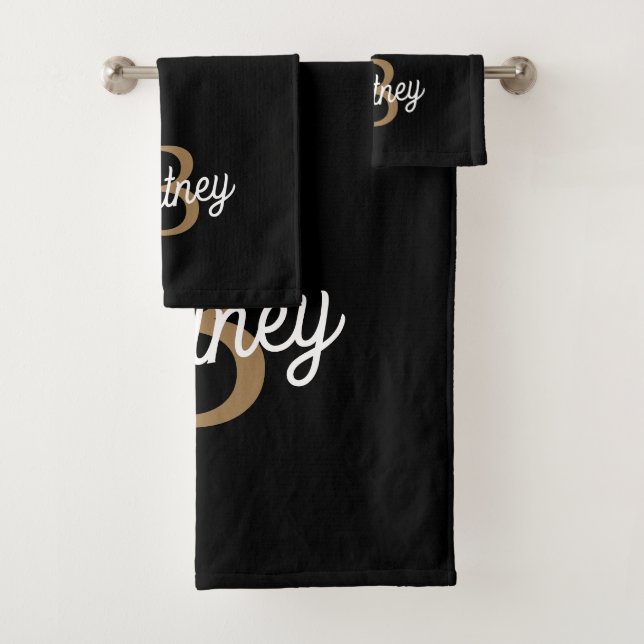 Modern Elegant Monogram Name  Black Gold Script  Bath Towel Set (Insitu)