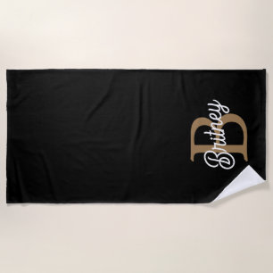 Modern Elegant Monogram Name Black Gold Script Beach Towel