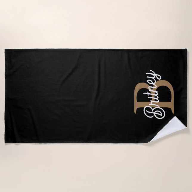 Modern Elegant Monogram Name  Black Gold Script  Beach Towel (Front)
