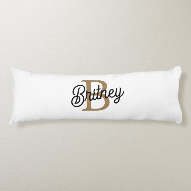 Modern Elegant Monogram Name  Black Gold Script  Body Cushion (Front)