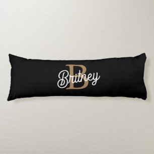 Modern Elegant Monogram Name  Black Gold Script  Body Cushion