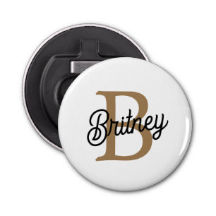 Modern Elegant Monogram Name  Black Gold Script  Bottle Opener
