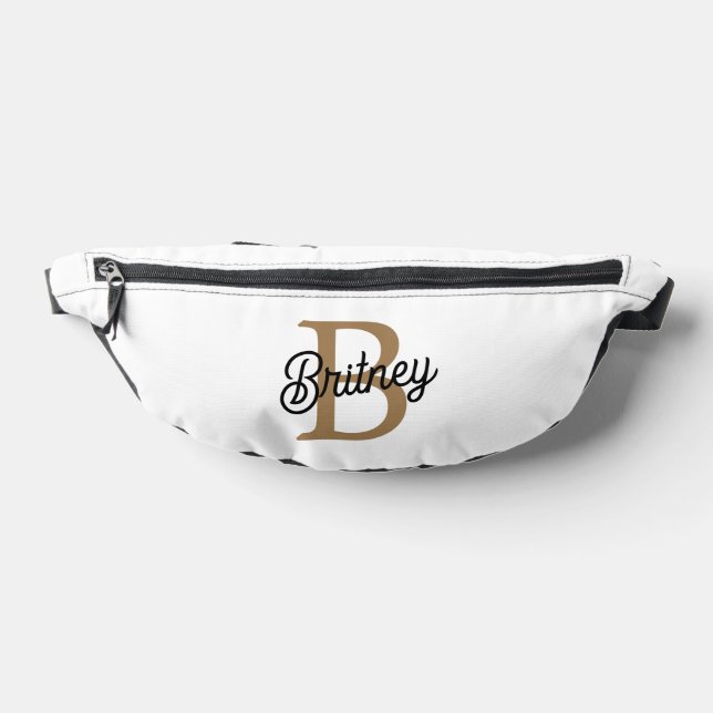 Modern Elegant Monogram Name  Black Gold Script  Bum Bags (Lay Down)