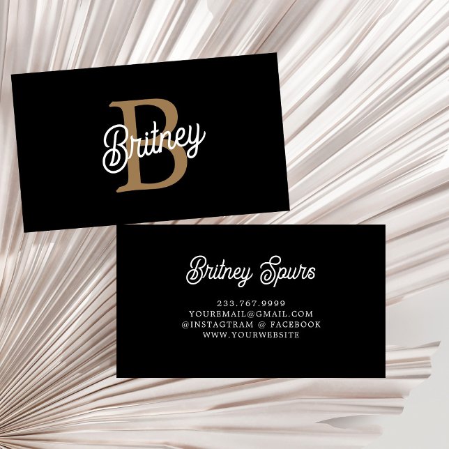 Modern Elegant Monogram Name Black Gold Script Business Card (Creator Uploaded)