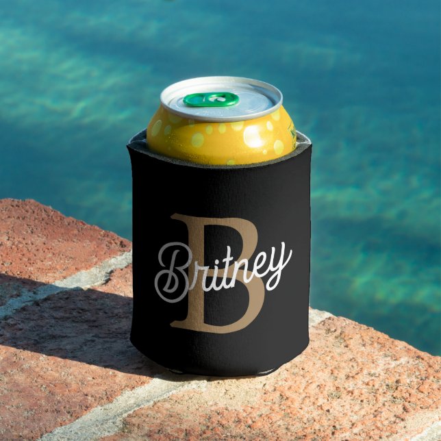 Modern Elegant Monogram Name  Black Gold Script  Can Cooler (In Situ Pool)