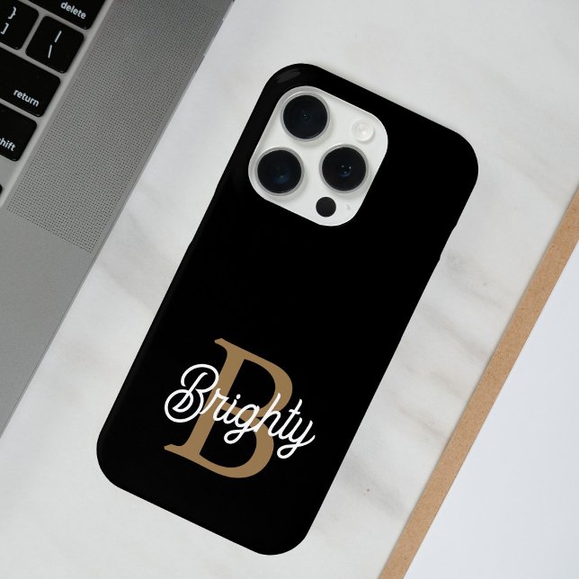 Modern Elegant Monogram Name  Black Gold Script  Case-Mate iPhone Case (Creator Uploaded)