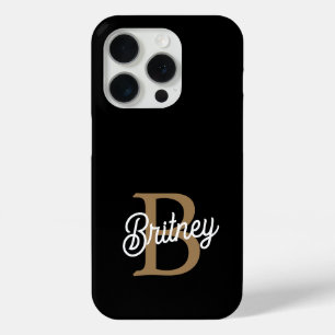 Modern Elegant Monogram Name  Black Gold Script  iPhone 15 Pro Case