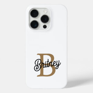 Modern Elegant Monogram Name  Black Gold Script  iPhone 15 Pro Case