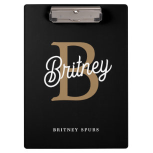 Modern Elegant Monogram Name Black Gold Script Clipboard