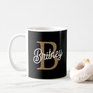 Modern Elegant Monogram Name  Black Gold Script  Coffee Mug