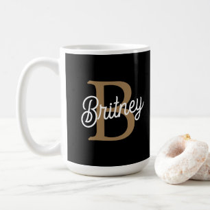 Modern Elegant Monogram Name Black Gold Script Coffee Mug