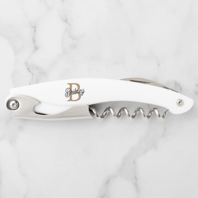 Modern Elegant Monogram Name  Black Gold Script  Corkscrew (Front)
