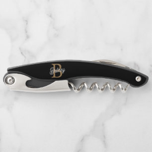 Modern Elegant Monogram Name  Black Gold Script  Corkscrew