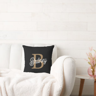Modern Elegant Monogram Name  Black Gold Script  Cushion