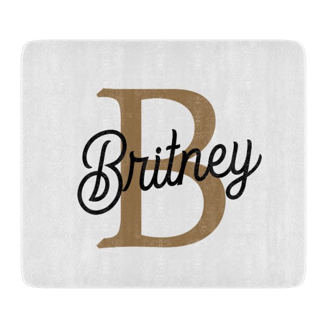 Modern Elegant Monogram Name  Black Gold Script  Cutting Board (Front)