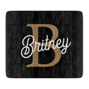 Modern Elegant Monogram Name  Black Gold Script  Cutting Board