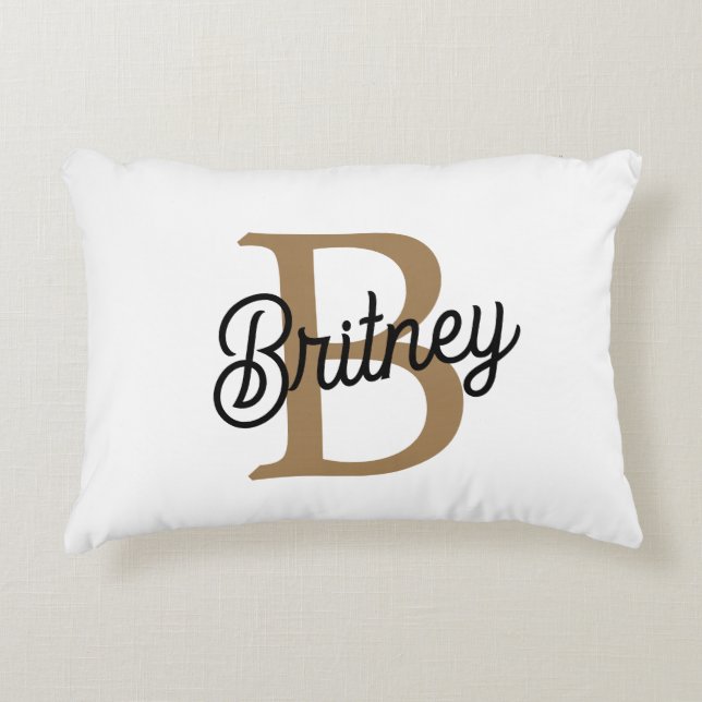 Modern Elegant Monogram Name  Black Gold Script  Decorative Cushion (Front)