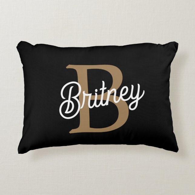 Modern Elegant Monogram Name  Black Gold Script  Decorative Cushion (Front)