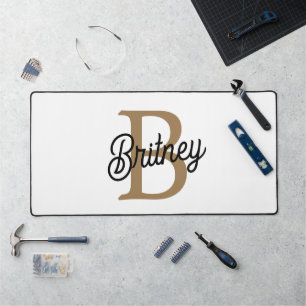 Modern Elegant Monogram Name  Black Gold Script  Desk Mat