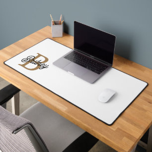 Modern Elegant Monogram Name Black Gold Script Desk Mat