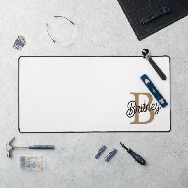 Modern Elegant Monogram Name  Black Gold Script  Desk Mat (Workstation)