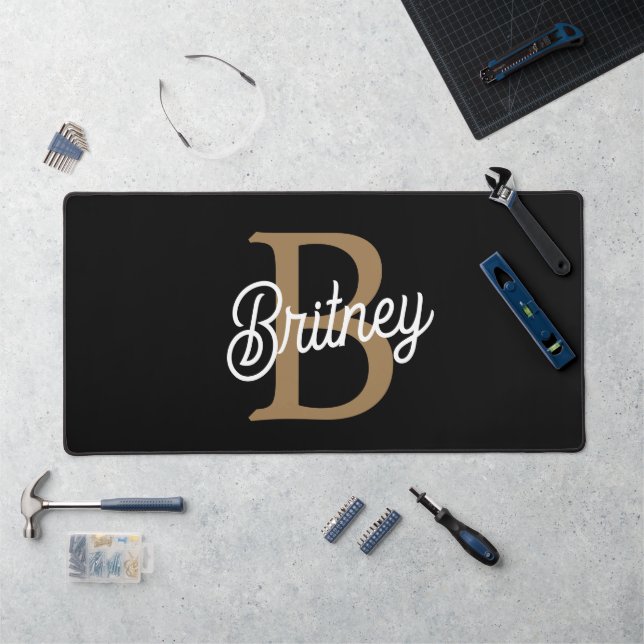 Modern Elegant Monogram Name  Black Gold Script  Desk Mat (Workstation)