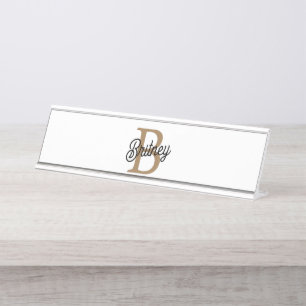 Modern Elegant Monogram Name Black Gold Script Desk Name Plate