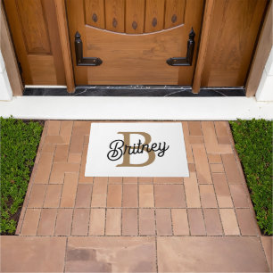 Modern Elegant Monogram Name Black Gold Script Doormat