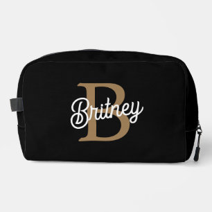 Modern Elegant Monogram Name  Black Gold Script  Dopp Kit