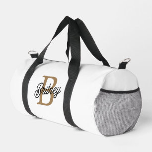 Modern Elegant Monogram Name Black Gold Script Duffle Bag