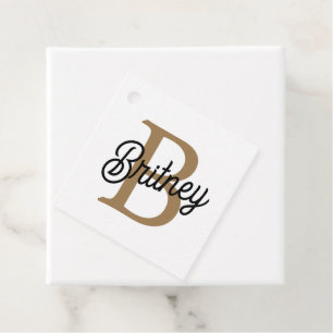 Modern Elegant Monogram Name  Black Gold Script  Favour Tags
