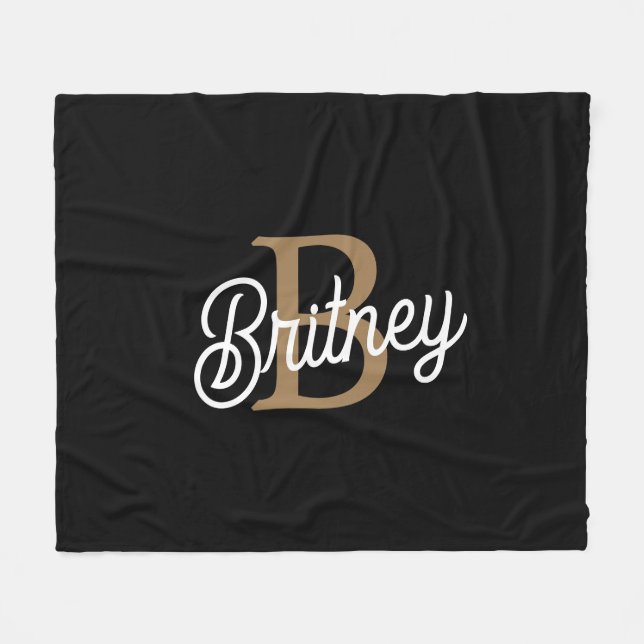 Modern Elegant Monogram Name  Black Gold Script  Fleece Blanket (Front (Horizontal))