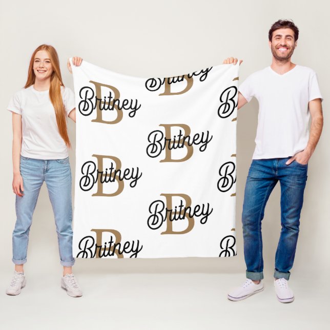 Modern Elegant Monogram Name  Black Gold Script  Fleece Blanket (In Situ)
