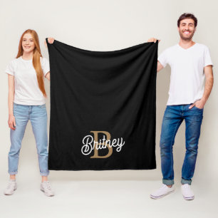 Modern Elegant Monogram Name Black Gold Script Fleece Blanket
