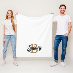 Modern Elegant Monogram Name Black Gold Script Fleece Blanket