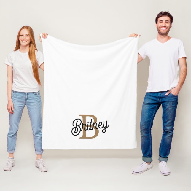 Modern Elegant Monogram Name  Black Gold Script  Fleece Blanket (In Situ)