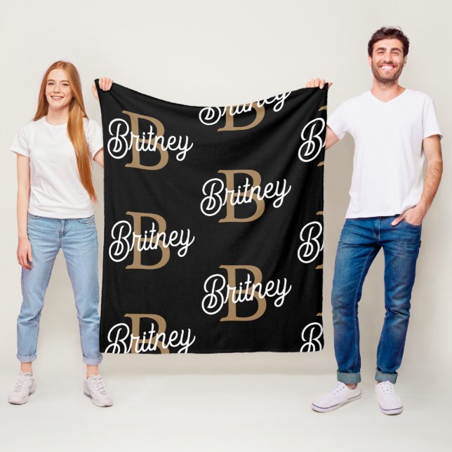 Modern Elegant Monogram Name  Black Gold Script  Fleece Blanket (In Situ)