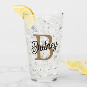 Modern Elegant Monogram Name  Black Gold Script  Glass